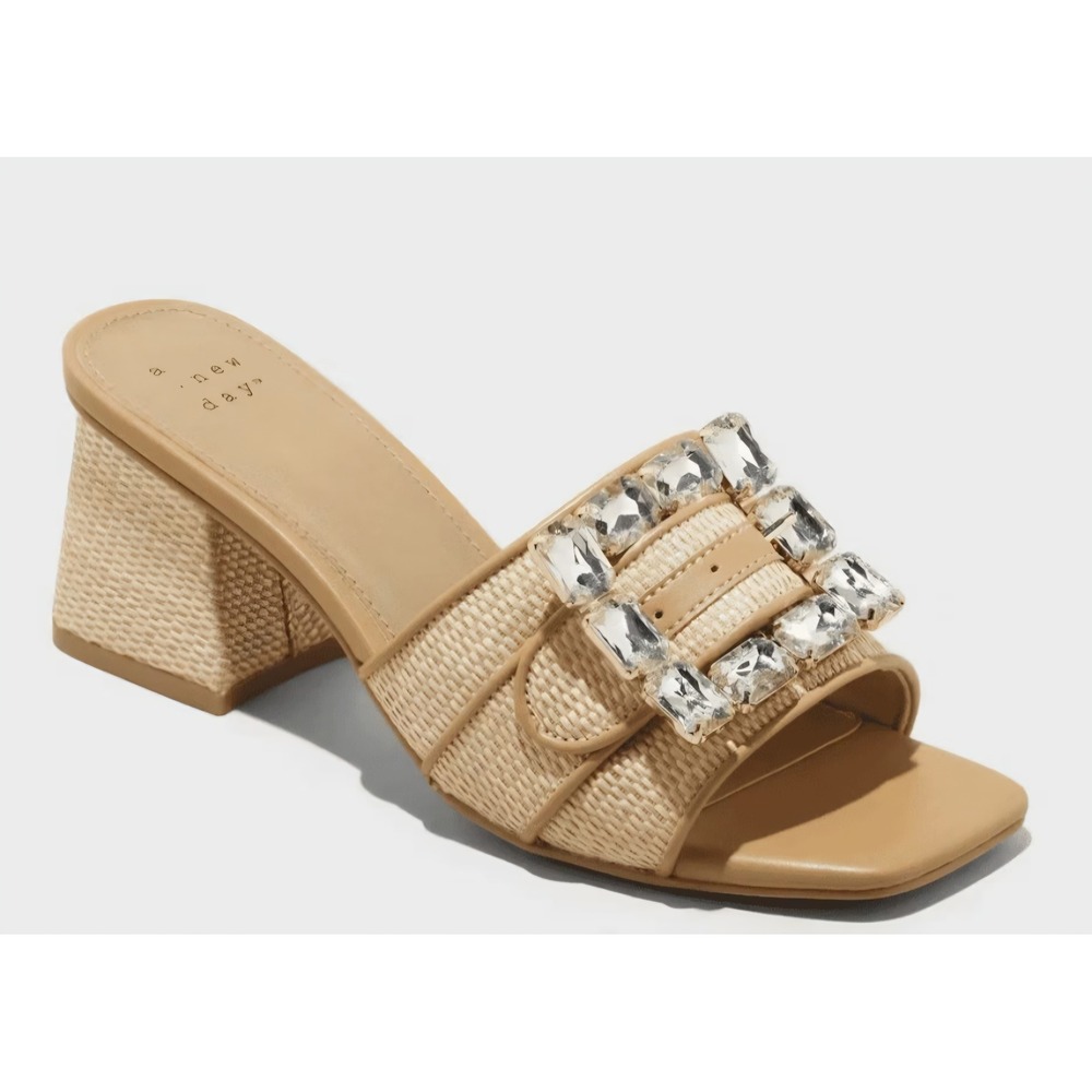 A New Day Women Tan Woven Crystal Buckle Block Heel Slide Sandals Mules Size 8